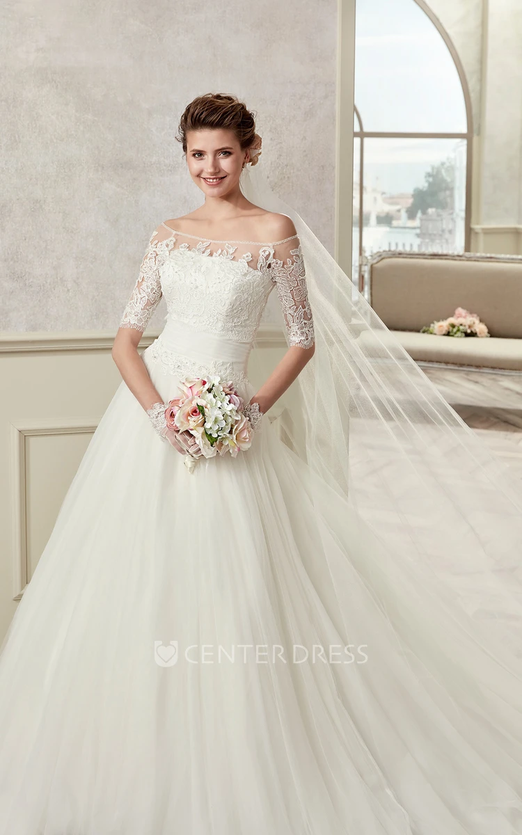 Half-Sleeve A-Line Bridal Gown With Off Shoulder And Pleated Skirt