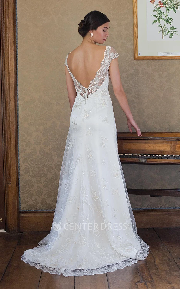 Sheath Cap-Sleeve Embroidered V-Neck Long Lace Wedding Dress With Beading And V Back