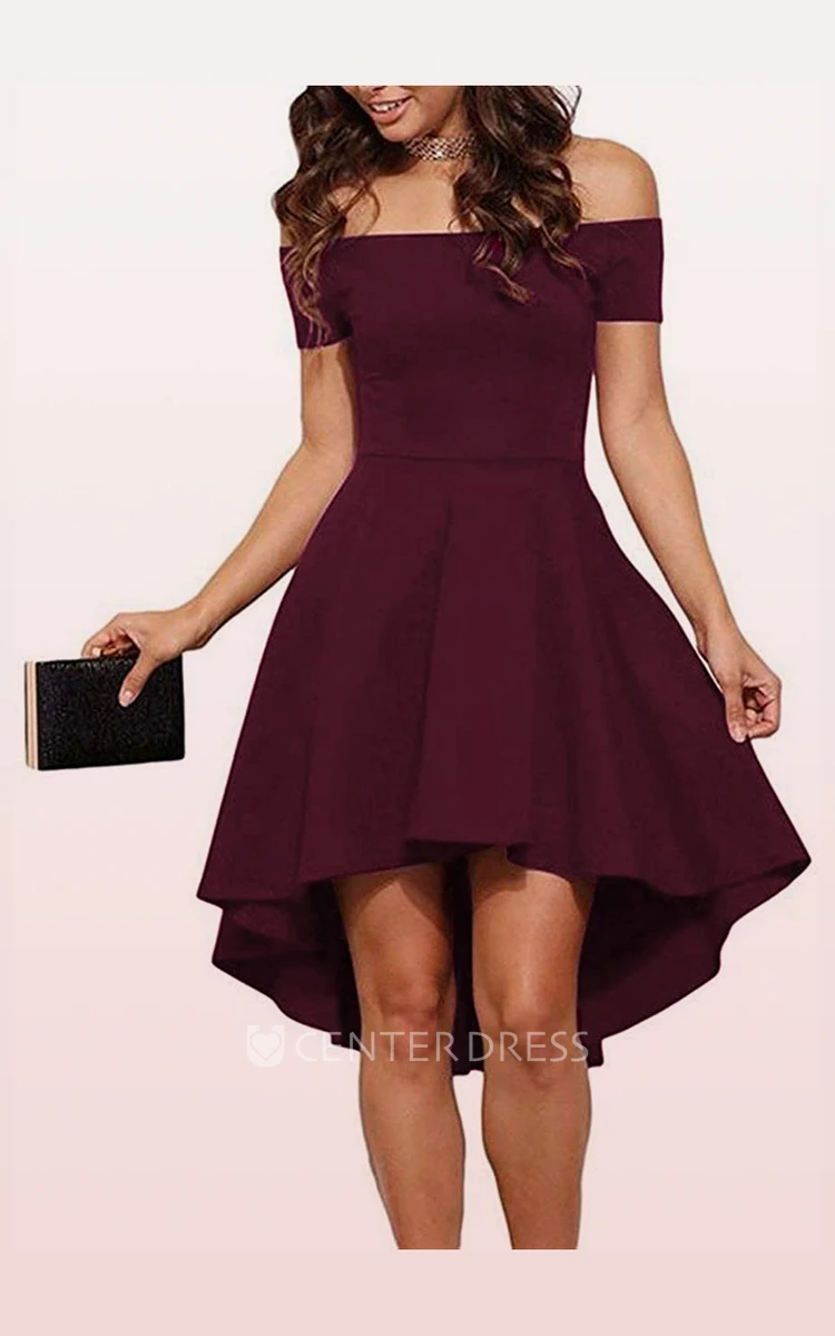 A Line Short Sleeve Taffeta Modern Solid Dress with Pleats