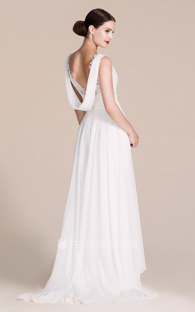 Sleeveless V-neck Chiffon Wedding Dress With Lace Bodice