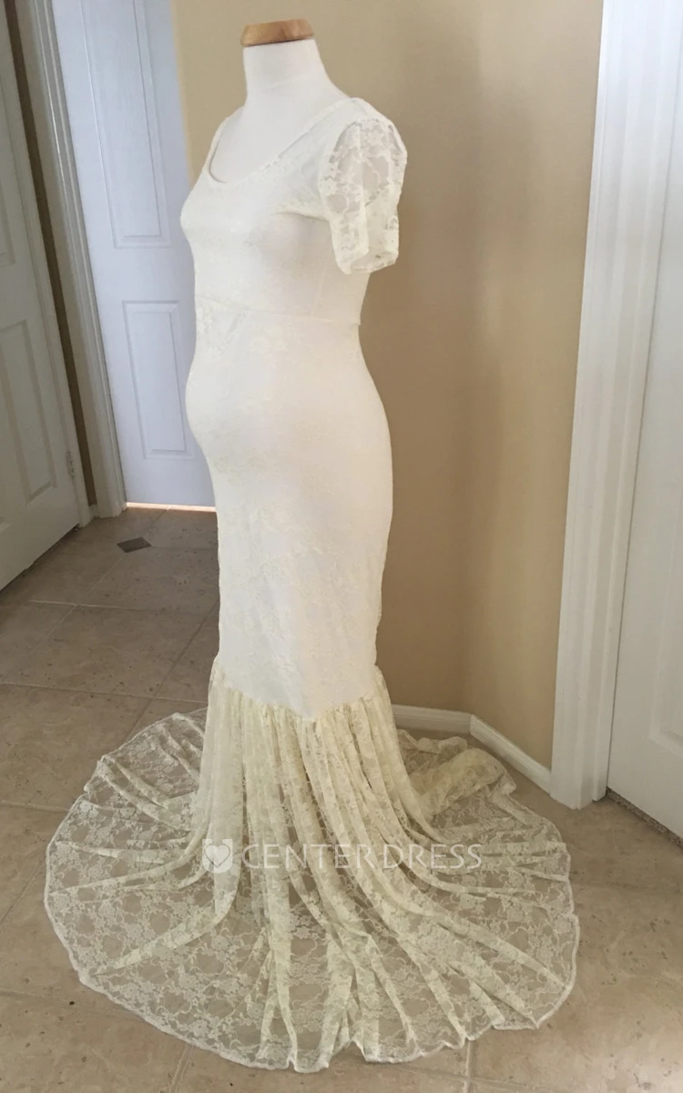 Mermaid Lace Scoop Short Sleeve Pleated Maternity Wedding Dress