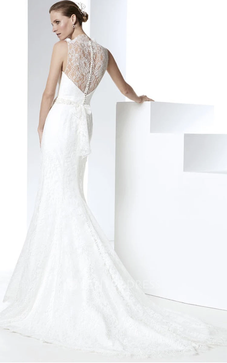 Sheath Maxi Jeweled Sleeveless Bateau Lace Wedding Dress With Illusion Back And Bow