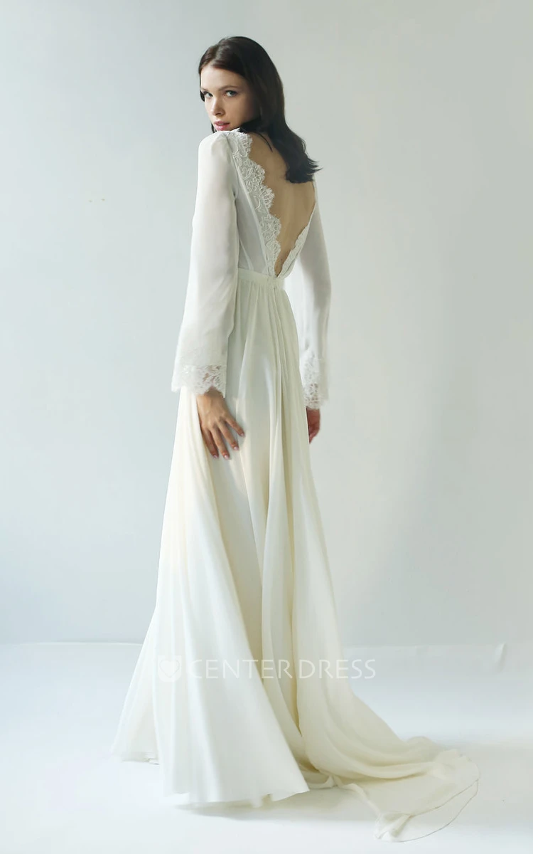 Sexy Chiffon Long Sleeve Scalloped Long Bridal Gown with Deep-V Back