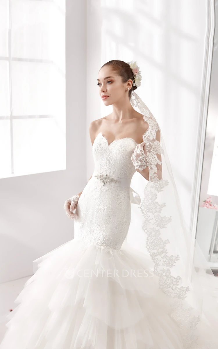 Sweetheart Mermaid Lace Gown With Multilayer Train And Lace-Up Back