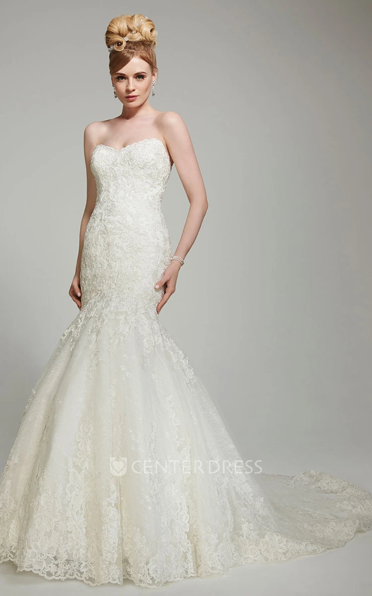 Mermaid Floor-Length Appliqued Sweetheart Sleeveless Lace Wedding Dress With Chapel Train And Backless Style