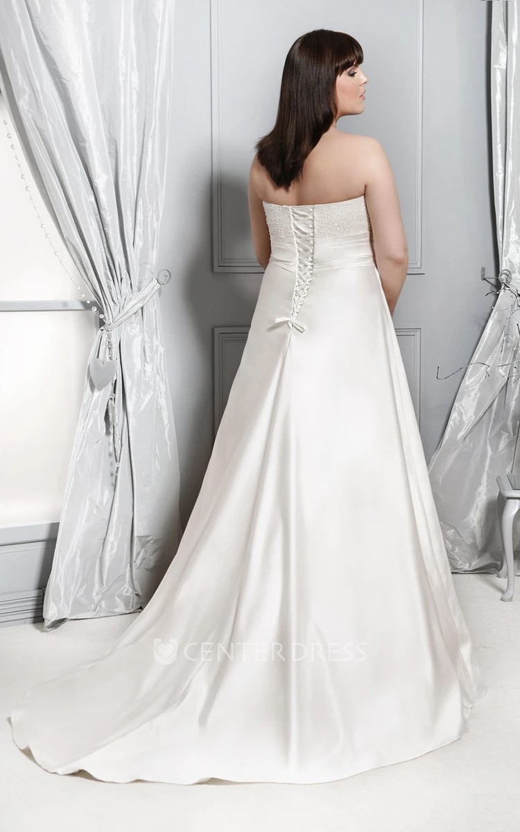 Strapless Satin A-Line Gown With Lace And Sweep Train