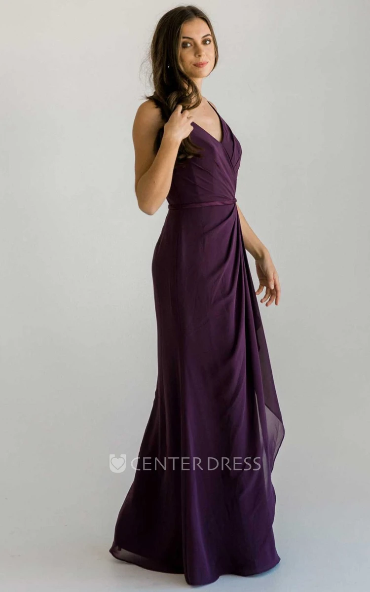 Simple Casual V-neck Sheath Chiffon Bridesmaid Dress With Straps And Ruching
