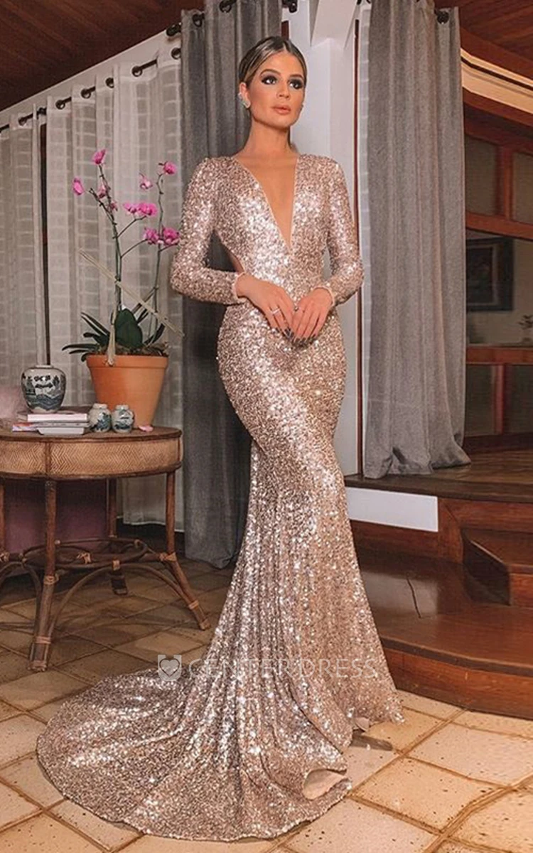 Mermaid Sequin Evening Dress with Long Sleeves Plunging Neckline Formal Dress Women