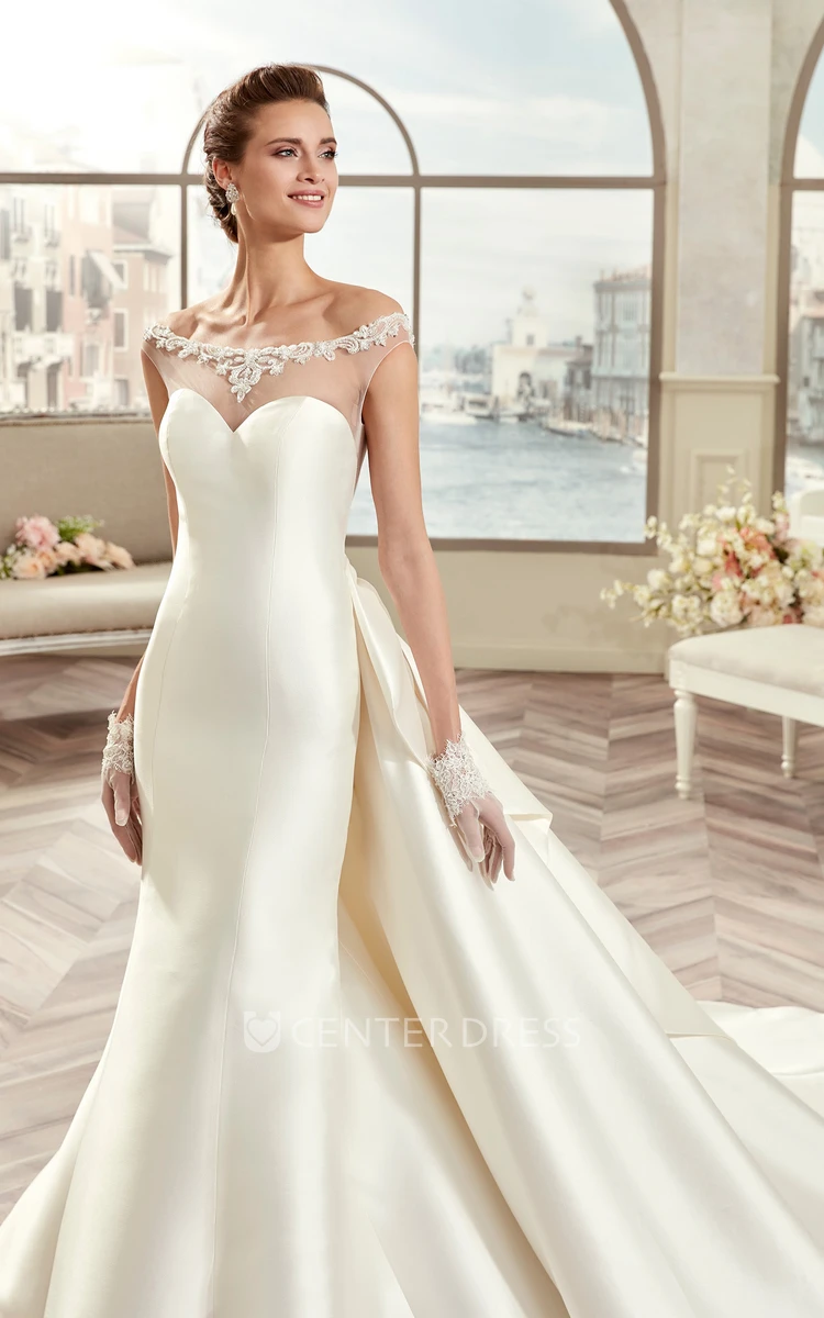 Off-Shoulder Satin Long Wedding Dress With Illusive Design And Back Bow