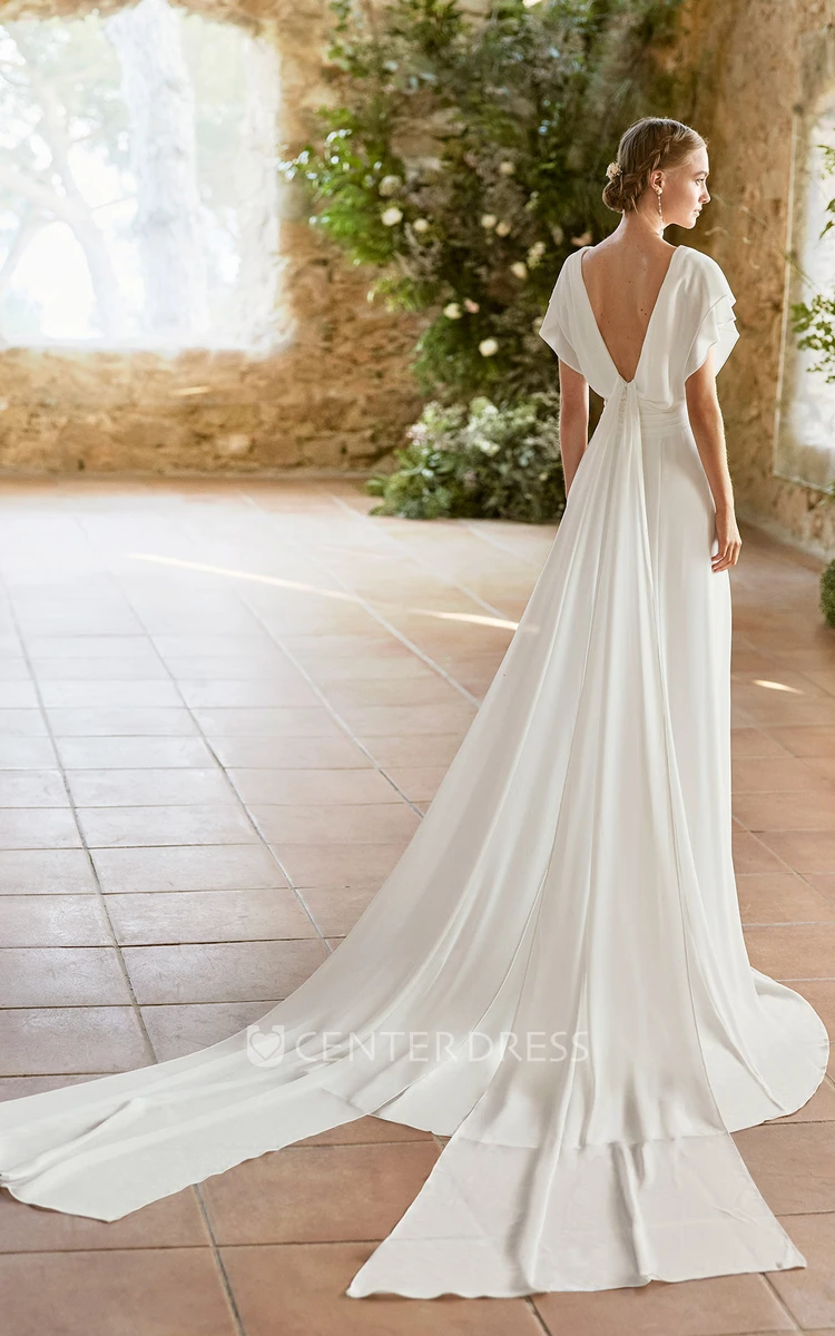 Romantic Chiffon V-Neck Wedding Dress with Short Sleeve and Low-V Back Classy Bridal Gown