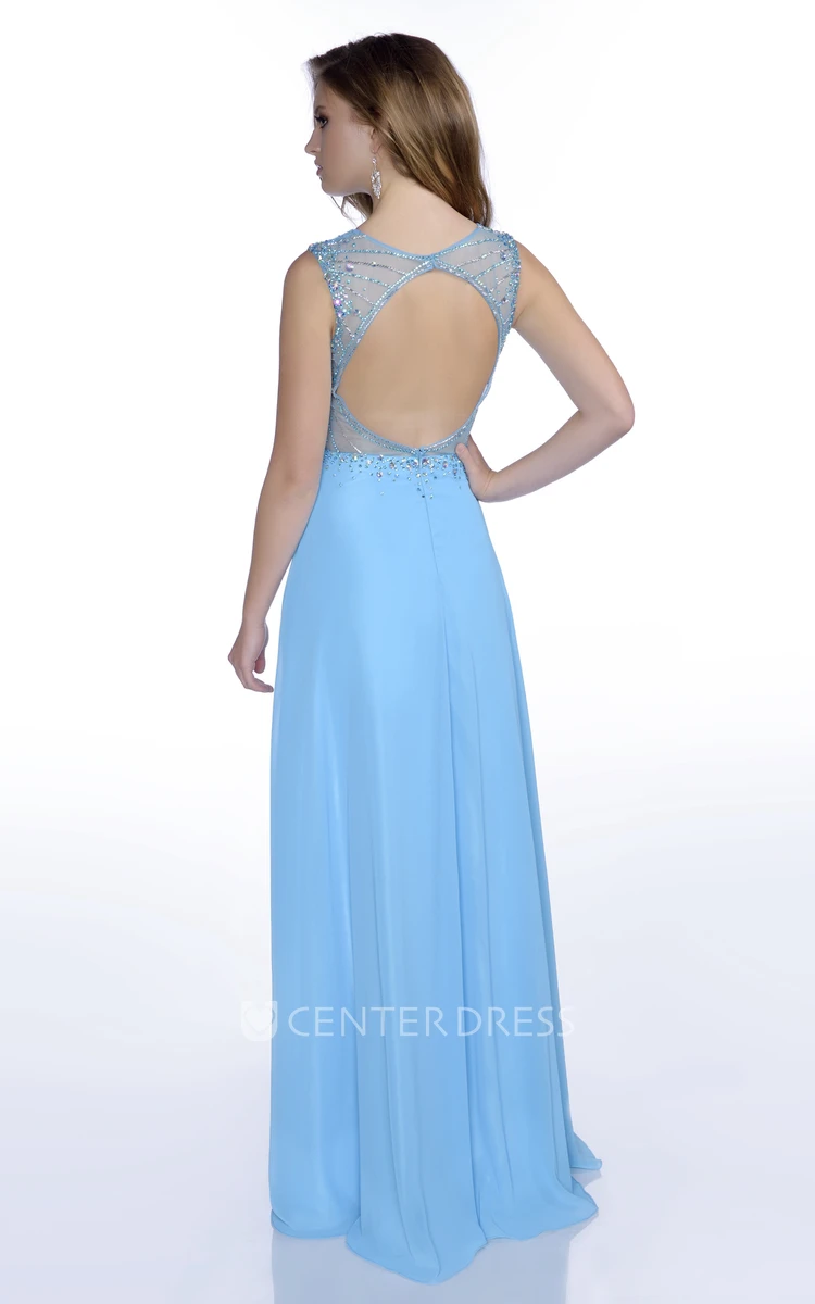 A-Line Jewel Neck Sleeveless Chiffon Prom Dress With Keyhole Back And Rhinestones