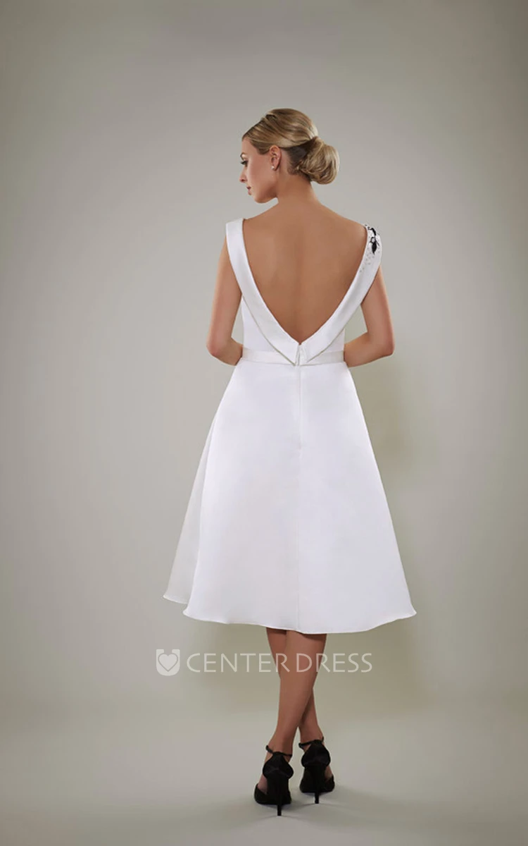 Tea-Length A-Line Beaded Cap Sleeve Bateau Neck Satin Wedding Dress