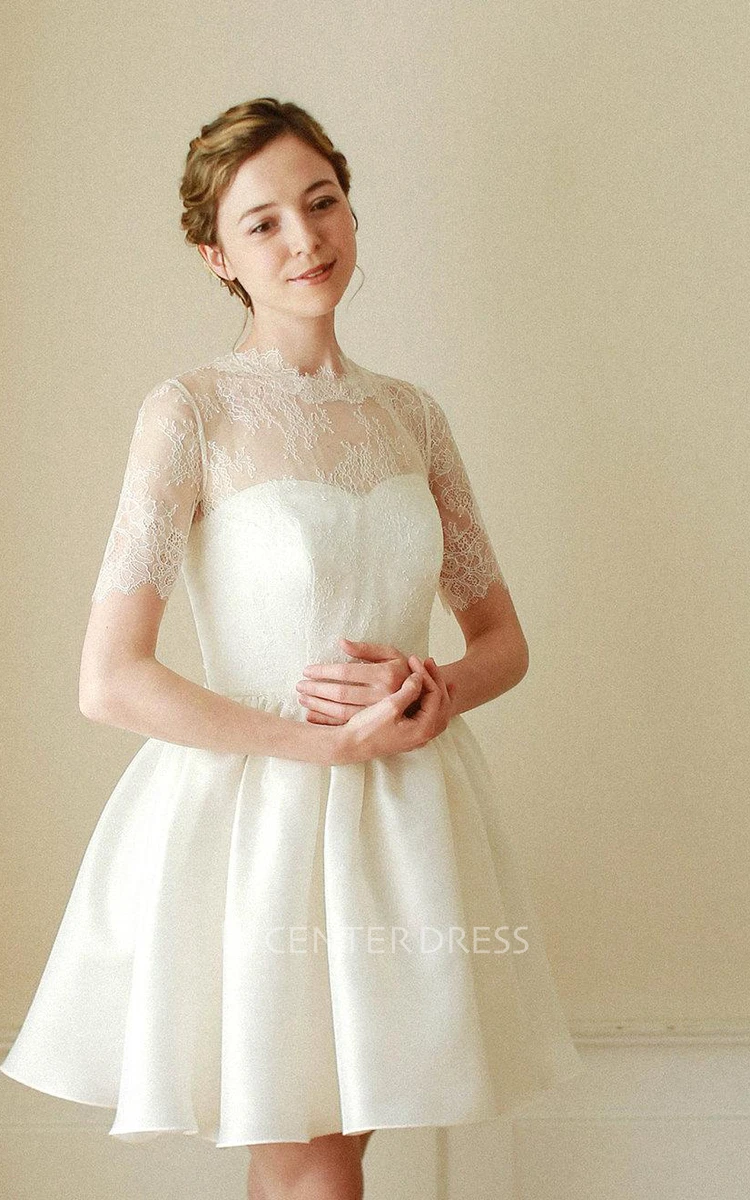 Short Elegant Floral Beach A-Line Boho Lace Midi Wedding Dress Adorable Romantic Illusion High Neck Bridal Gown