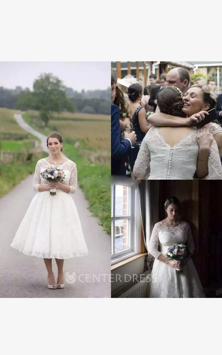 Tea-length Bridal Vintage Dress With 3/4 Ilussion Lace Sleeve And Buttons