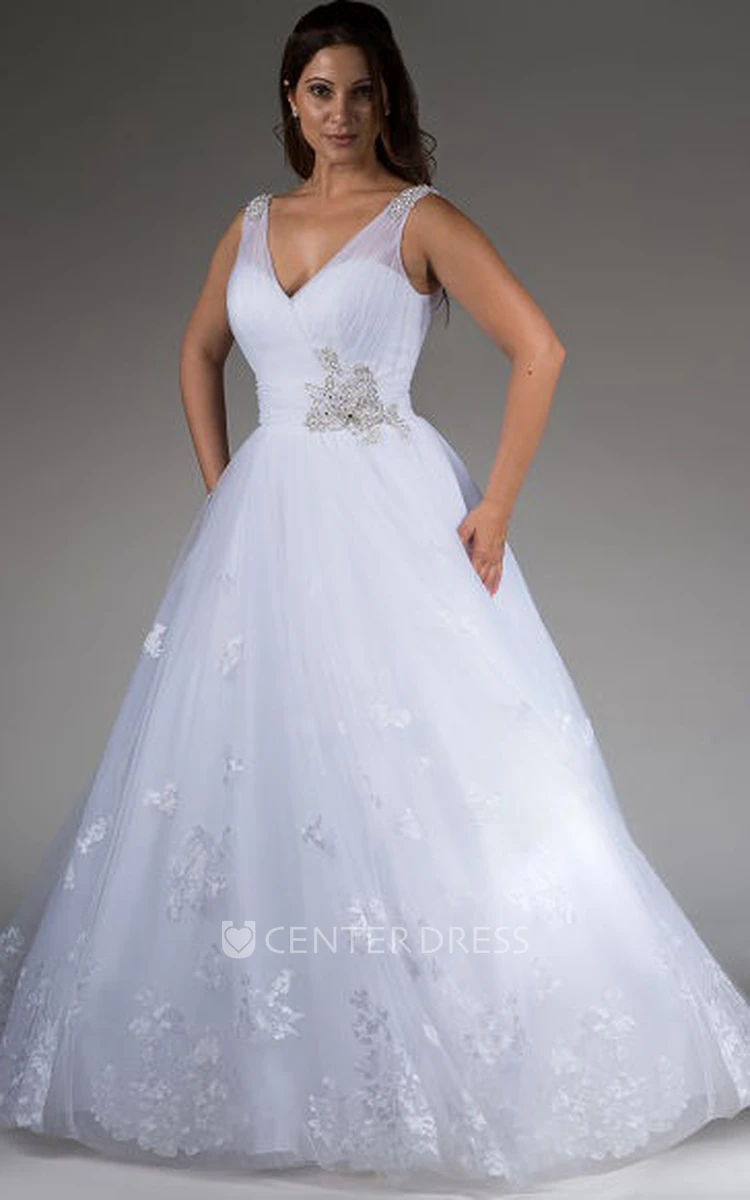 V Neck Tulle Bridal Ball Gown With Lace And Beaded Bandage