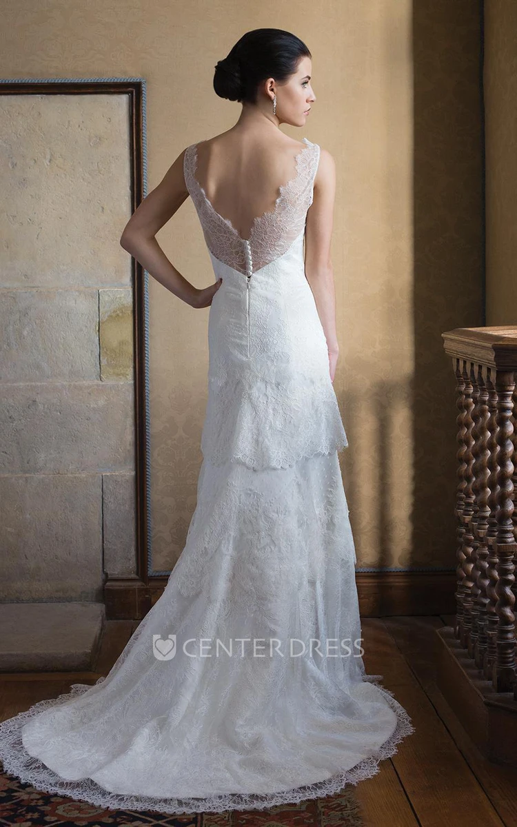 Sheath Floor-Length Sleeveless V-Neck Appliqued Lace Wedding Dress