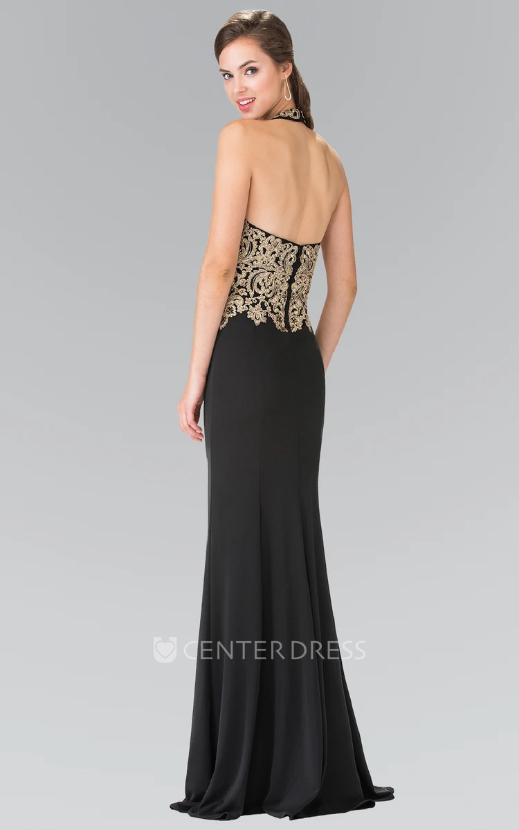 Sheath Floor-Length Halter Sleeveless Jersey Backless Dress With Appliques