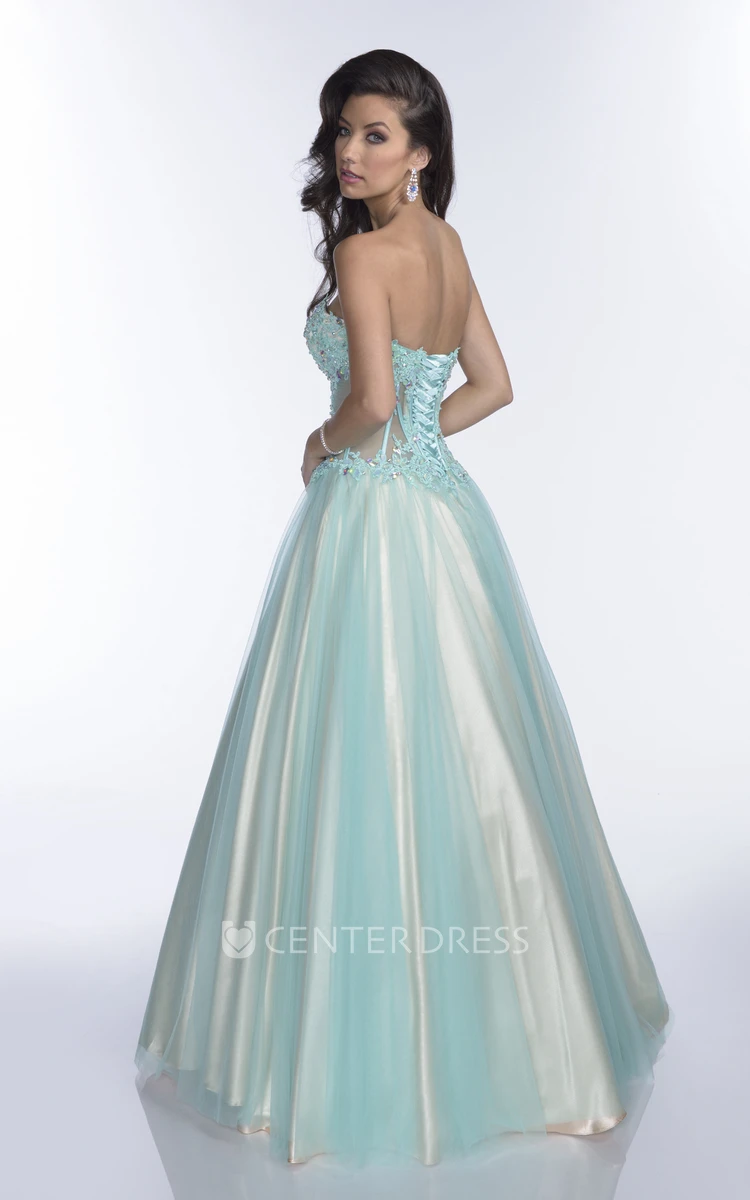 Sweetheart Tulle A-Line Gown With Lace Appliques And Lace-Up Back