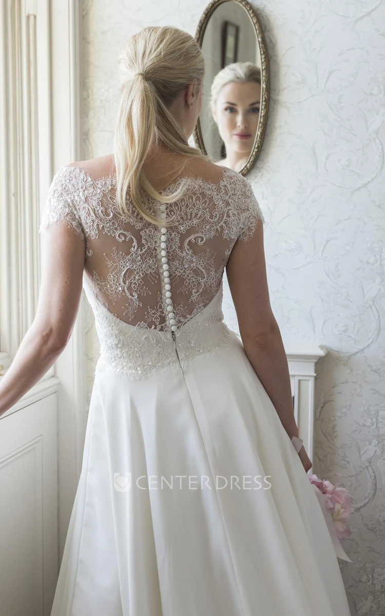 A-Line Cap-Sleeve Bateau-Neck Satin Wedding Dress With Lace And Illusion