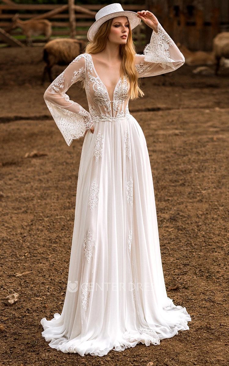 Simple Plunging Neckline A Line Tulle Long Sleeve Floor-length