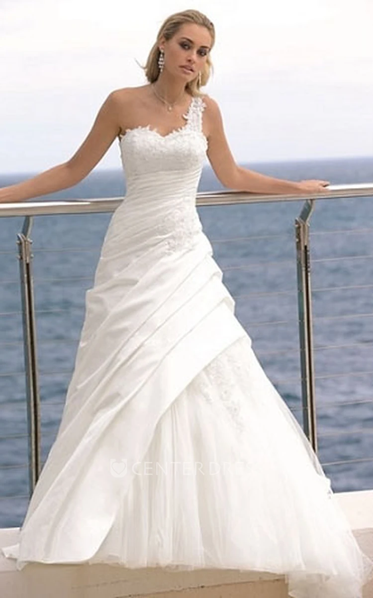 A-Line Ruched Floor-Length One-Shoulder Sleeveless Satin&Tulle Wedding Dress With Appliques