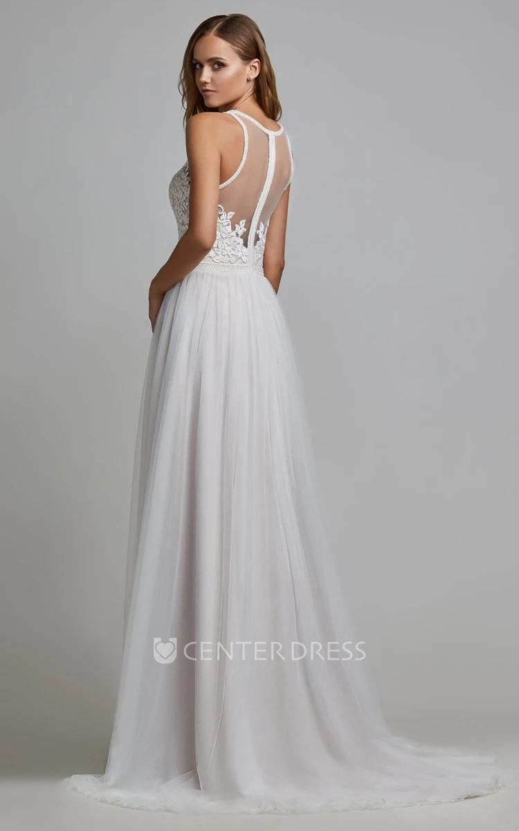 Casual A Line Tulle Wedding Dress with Appliques and Ruching
