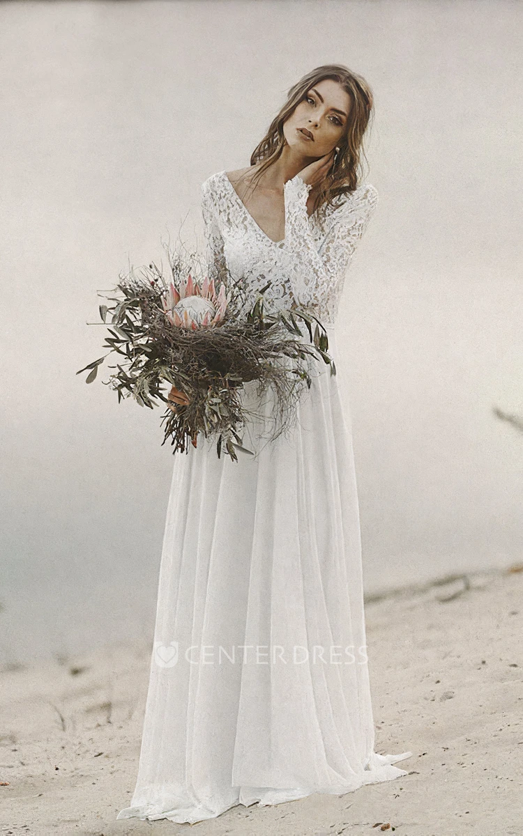 Simple A-line Wedding Dress with Lace Long Sleeves And V-neck