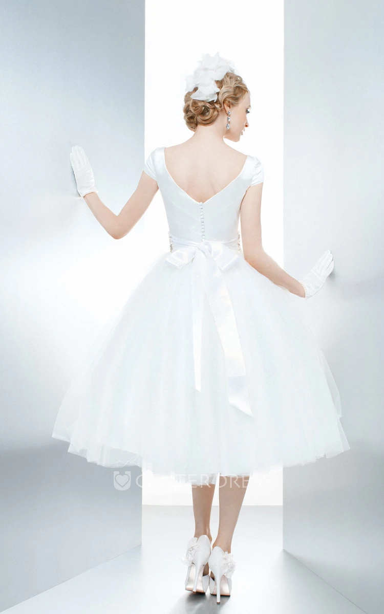 A-Line Tea-Length Cap Sleeve Jeweled V-Neck Tulle Wedding Dress With Bow