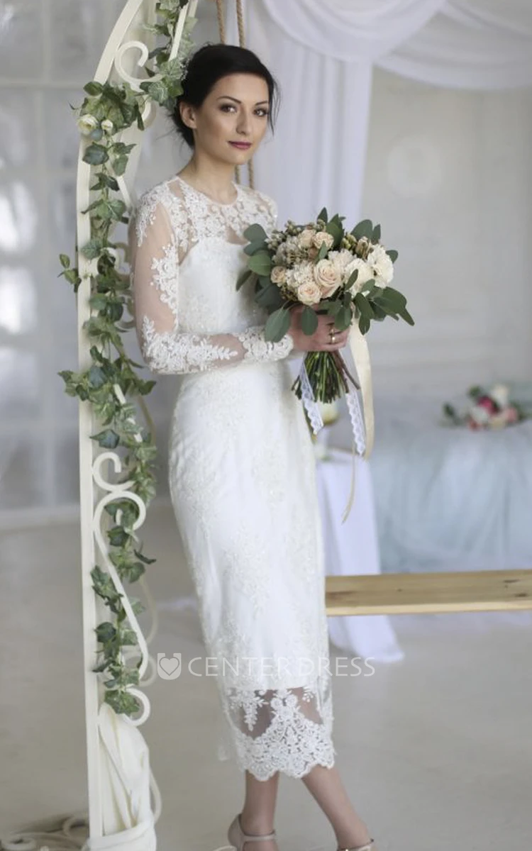 Illusion Lace Appliqued Back Split Sheath Ankle-length Wedding Dress