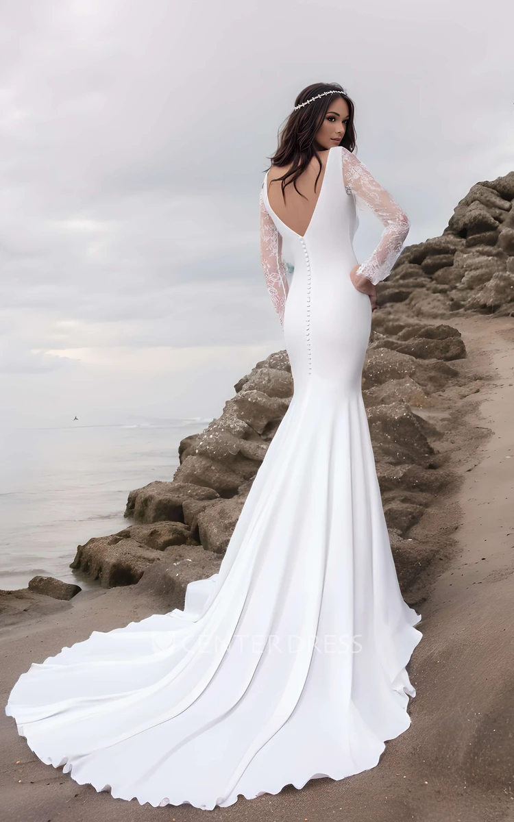 Beach Elegant Mermaid Satin High Neck Wedding Dress Romantic Illusion Long Sleeve Low-V Button Back Chapel Train Bridal Gown