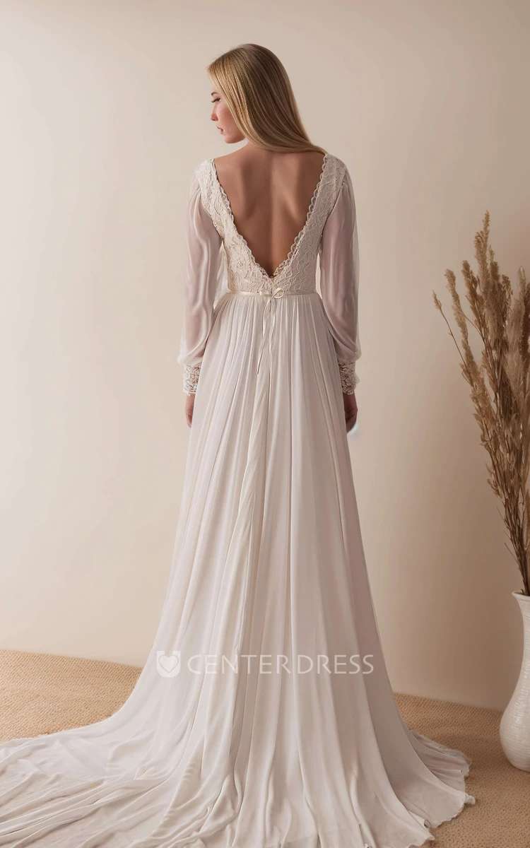 Vintage Elegant A-Line Boho Lace Chiffon Long Sleeve Spring Sashed Wedding Dress with Sexy Split Front V-Neck Low Back Court Train