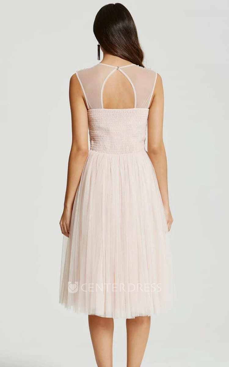 Tea-Length Sleeveless Scoop Neck Beaded Tulle Bridesmaid Dress