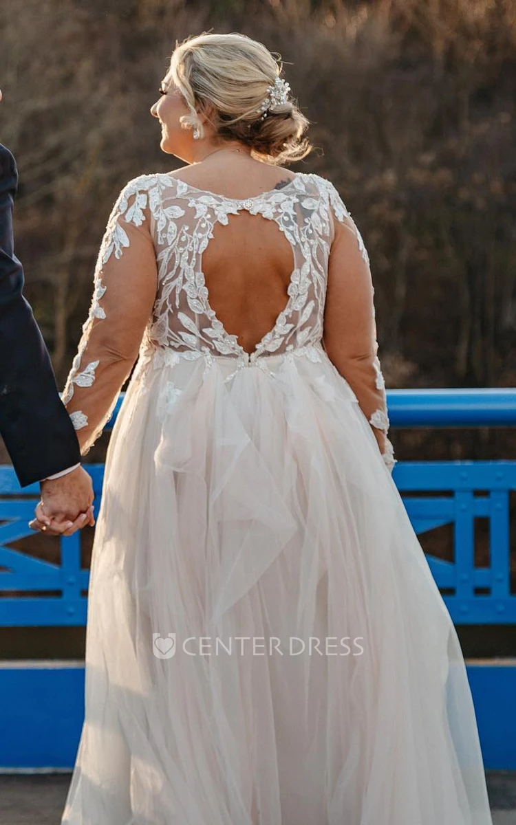 Plus Size Sexy A-Line V-neck Lace Tulle Floor-length Keyhole Back Garden Wedding Dress