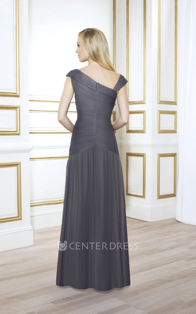 Floor-Length Ruched Cap Sleeve V-Neck Tulle Mother Of The Bride Dress With Broach