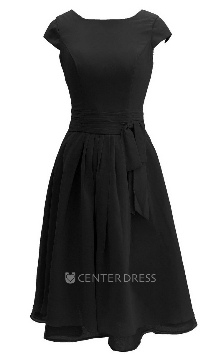 Cap-sleeved Knee-length Chiffon Dress With Ribbon - UCenter