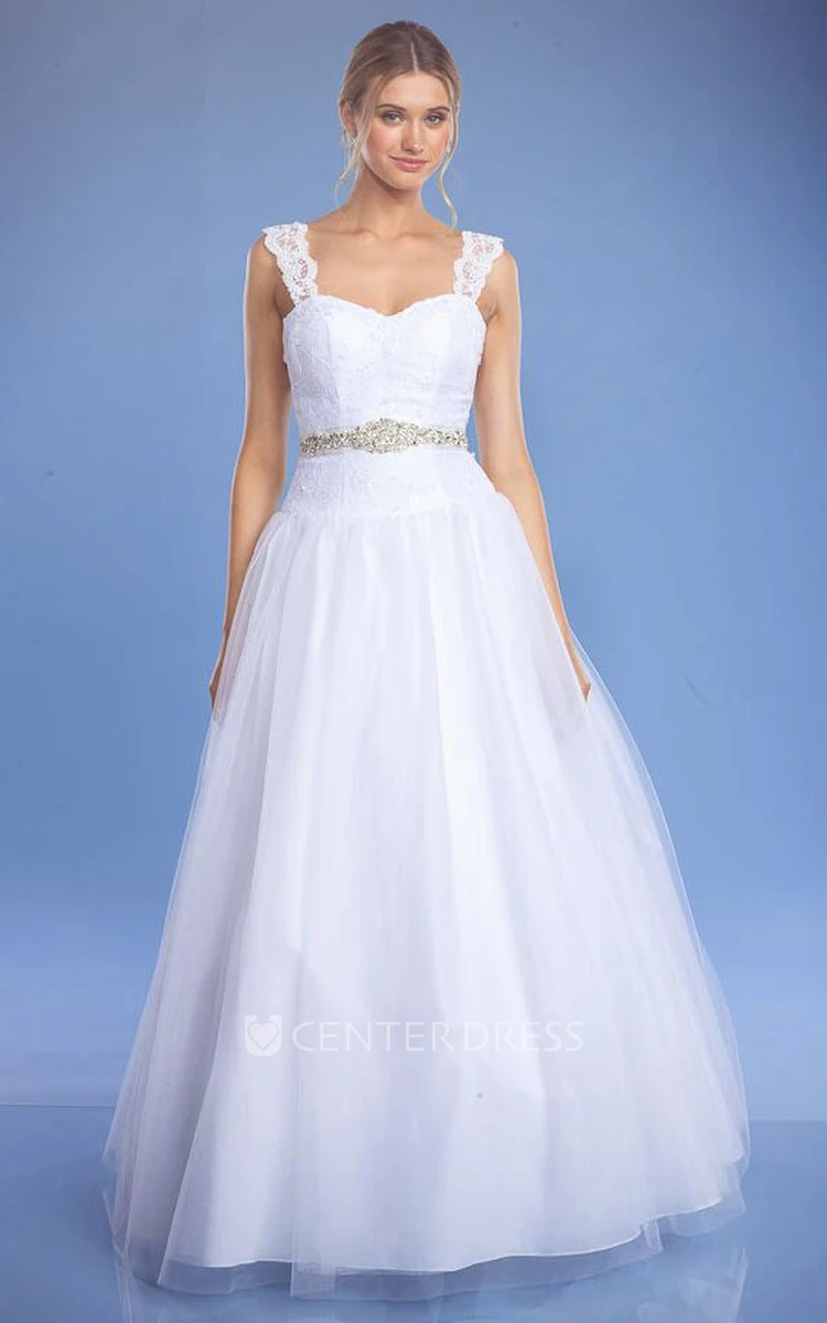 A-Line Floor-Length Lace Sleeveless Satin Wedding Dress