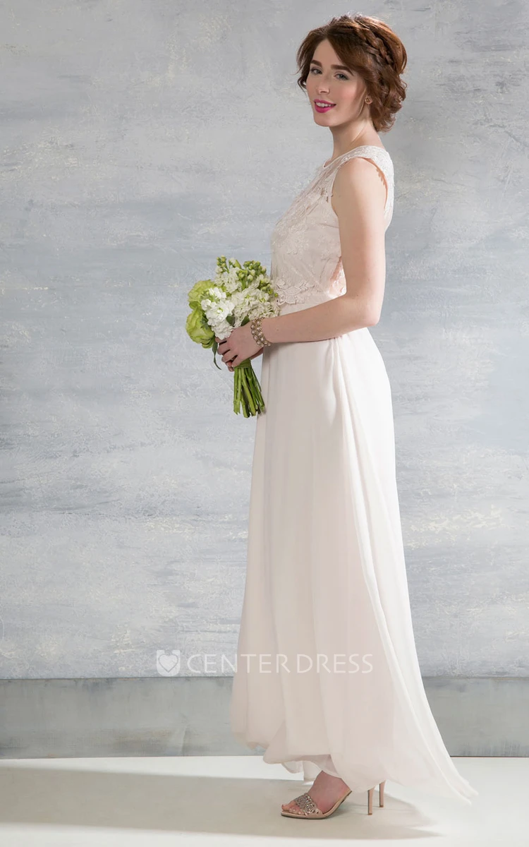 Scoop-Neck Sleeveless Chiffon Wedding Dress With Illusion