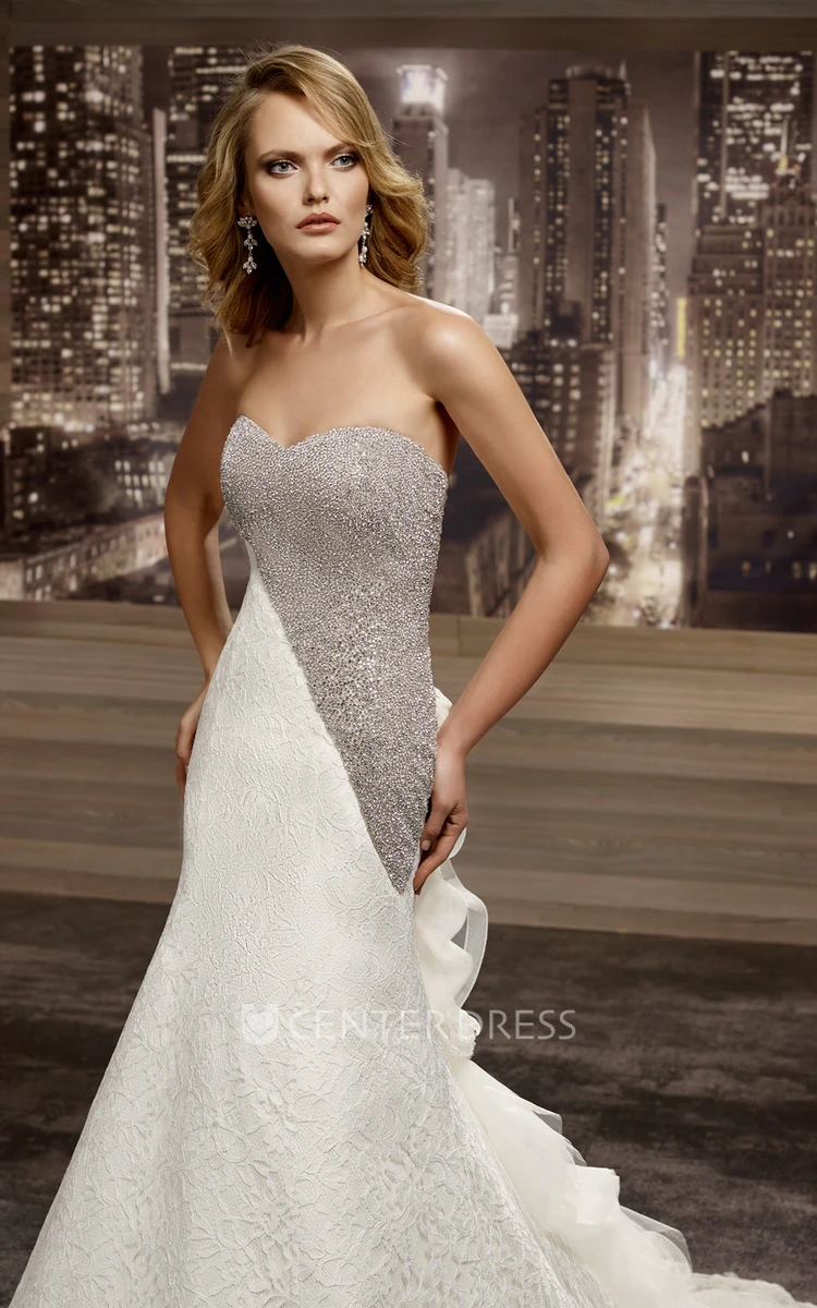 Sweetheart Half-Beaded Wedding Gown with Ruffles Train and Lace-up Back