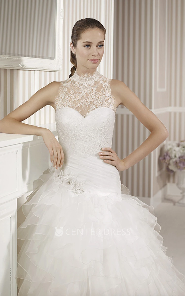 Ball Gown Ruffled Sweetheart Organza Wedding Dress With Criss Cross And Flower