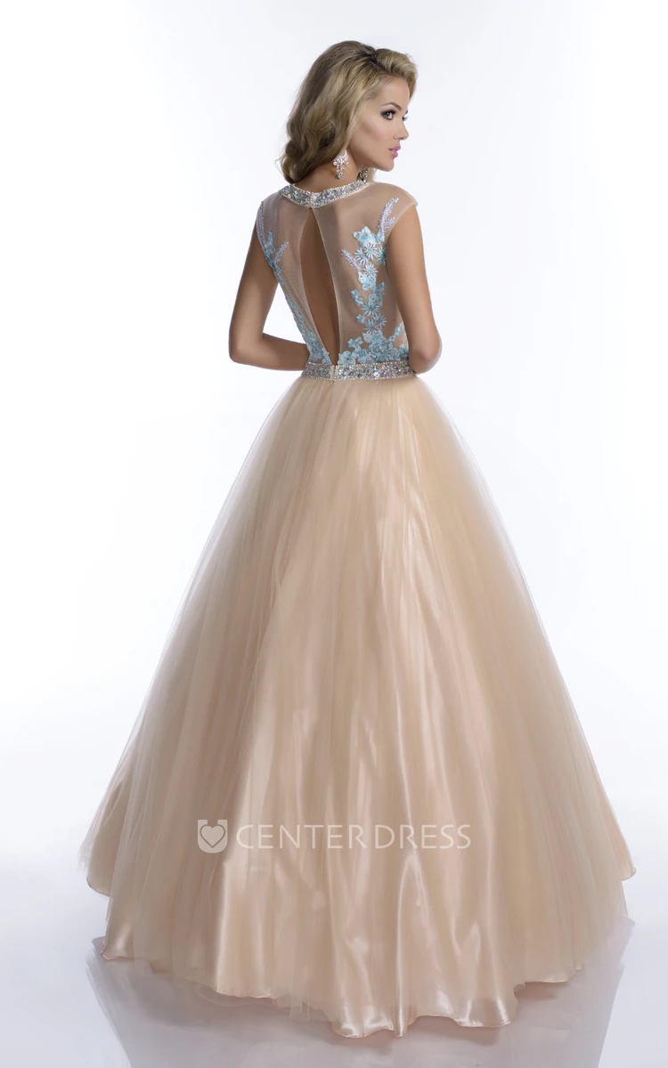 A-Line Tulle Sleeveless Beaded Neck Prom Dress Featuring Lace Bodice And Keyhole Back