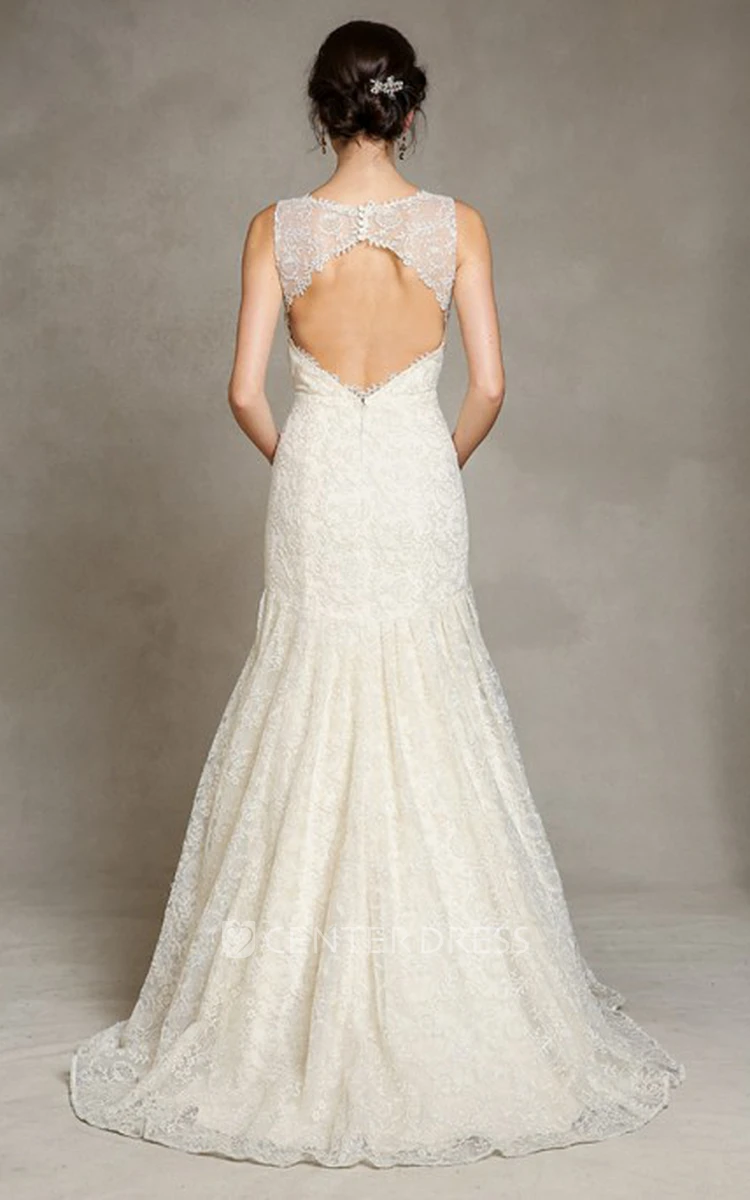 Appliqued Sleeveless Floor-Length V-Neck Lace Wedding Dress