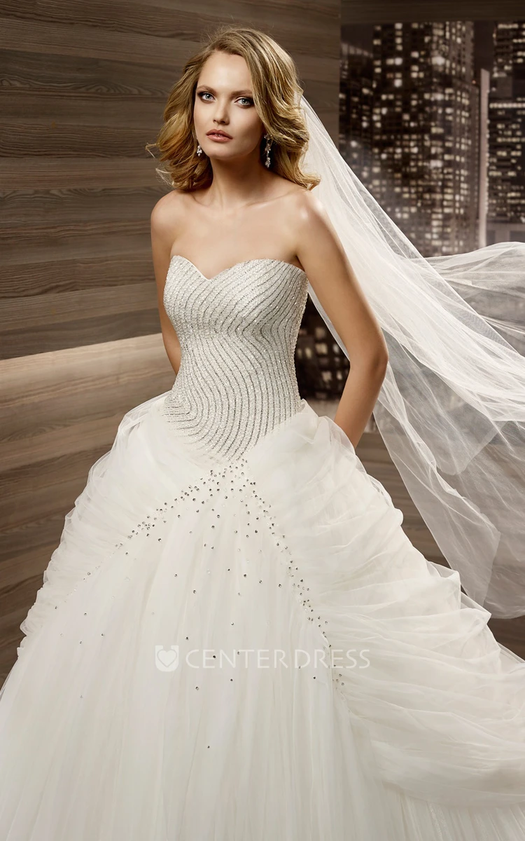 Sweetheart A-line Puffy Wedding Gown with Beaded Details and Side Ruching