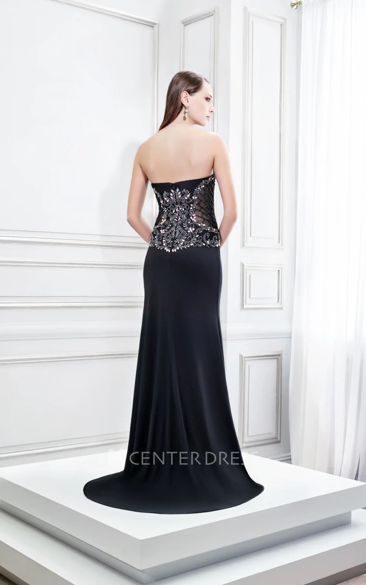 Sheath Sweetheart Beaded Long Sleeveless Jersey Prom Dress With Backless Style And Split Front
