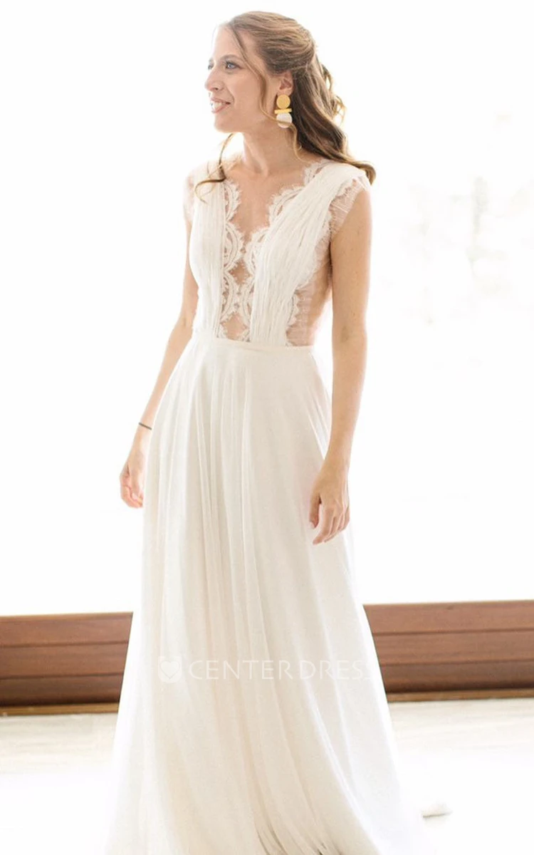 Grecian A-Line V-neck Chiffon Lace Wedding Dress With Open Back And Pleats
