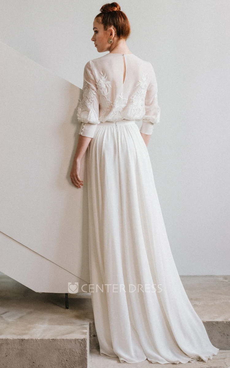 Bohemian Lace Two-Piece Wedding Dress with Illusion Back Chiffon Jewel Dress