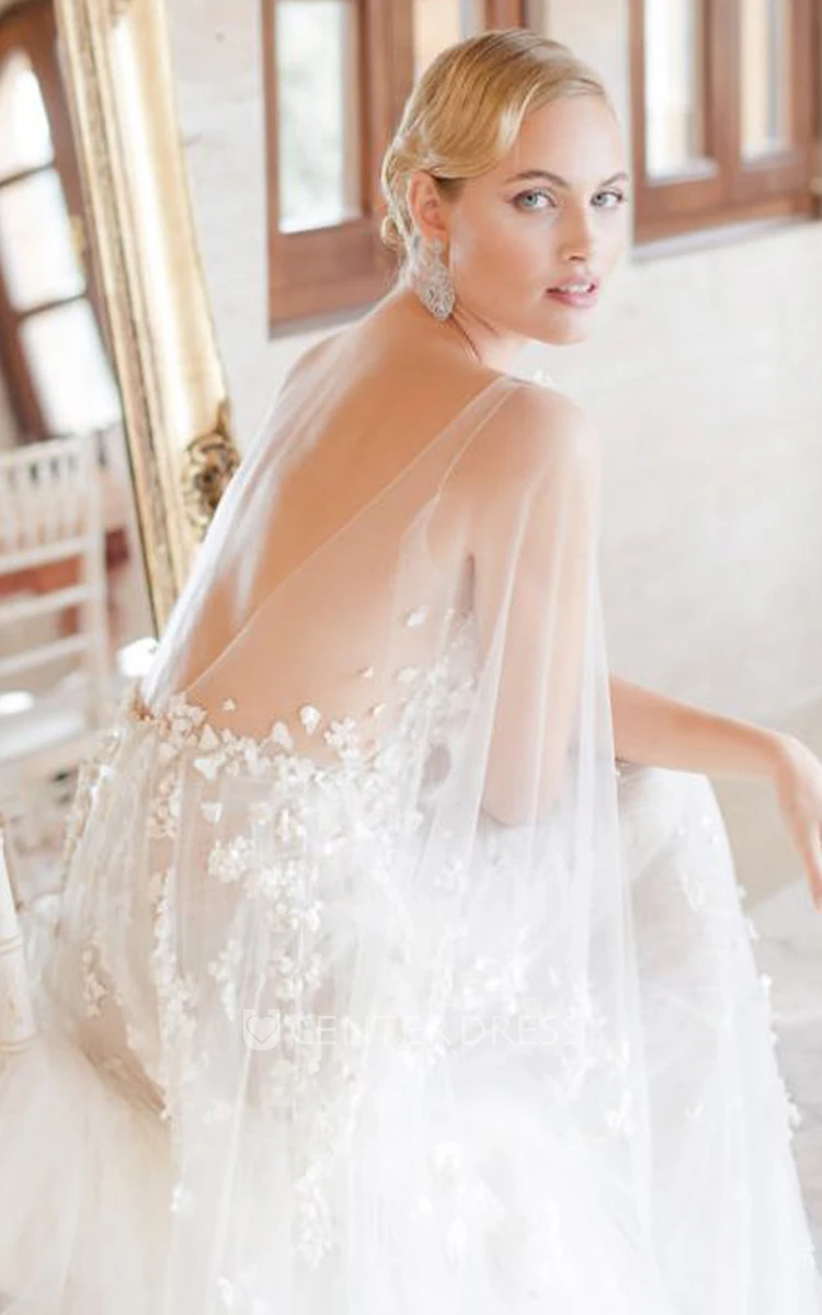 Casual A-Line Bateau Neckline Tulle Wedding Dress With Illusion Back And Appliques