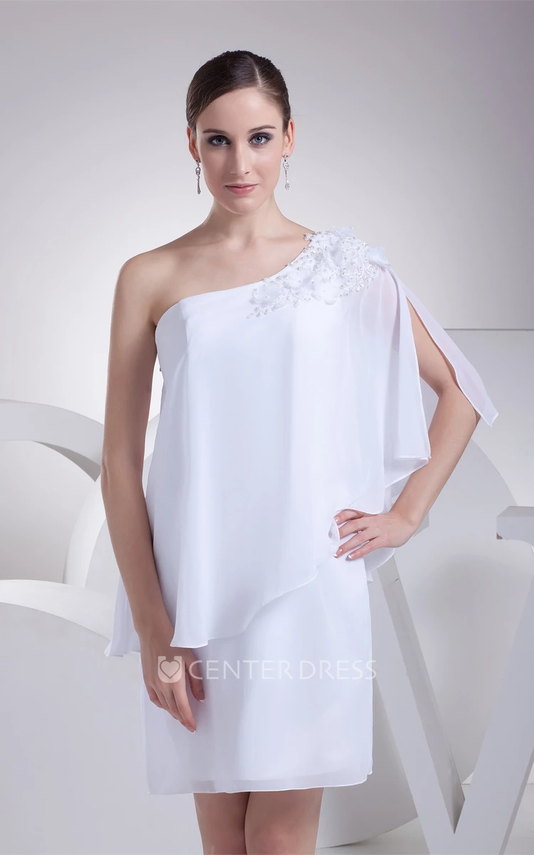 Simple Chiffon One-Shoulder Knee Length Wedding Dress with Beading