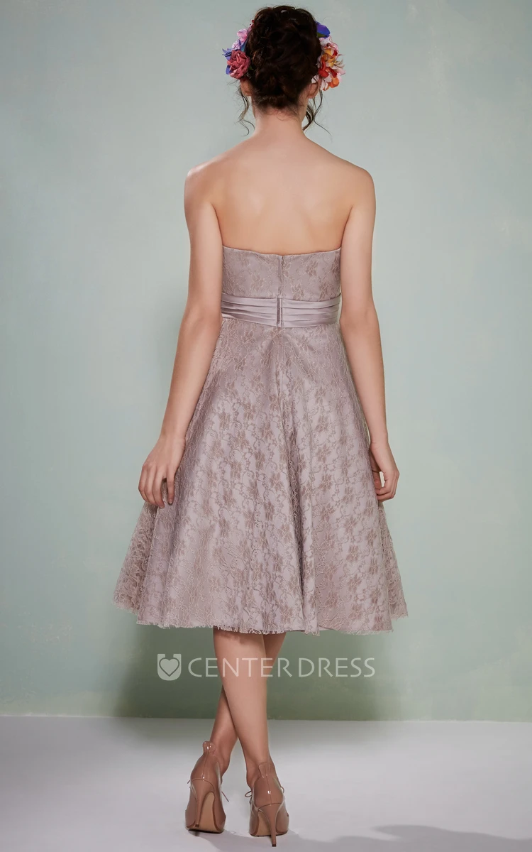 A-Line Tea-Length Strapless Lace Bridesmaid Dress