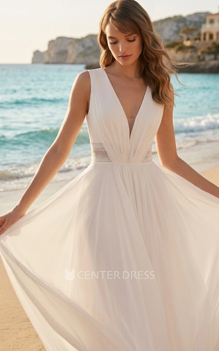 Simple Elegant Chiffon Lace A-Line Plunging Neckline Spring Wedding Dress Solid Chic Ethereal Floor-length Backless Sleeveless Bridal Gown with Train