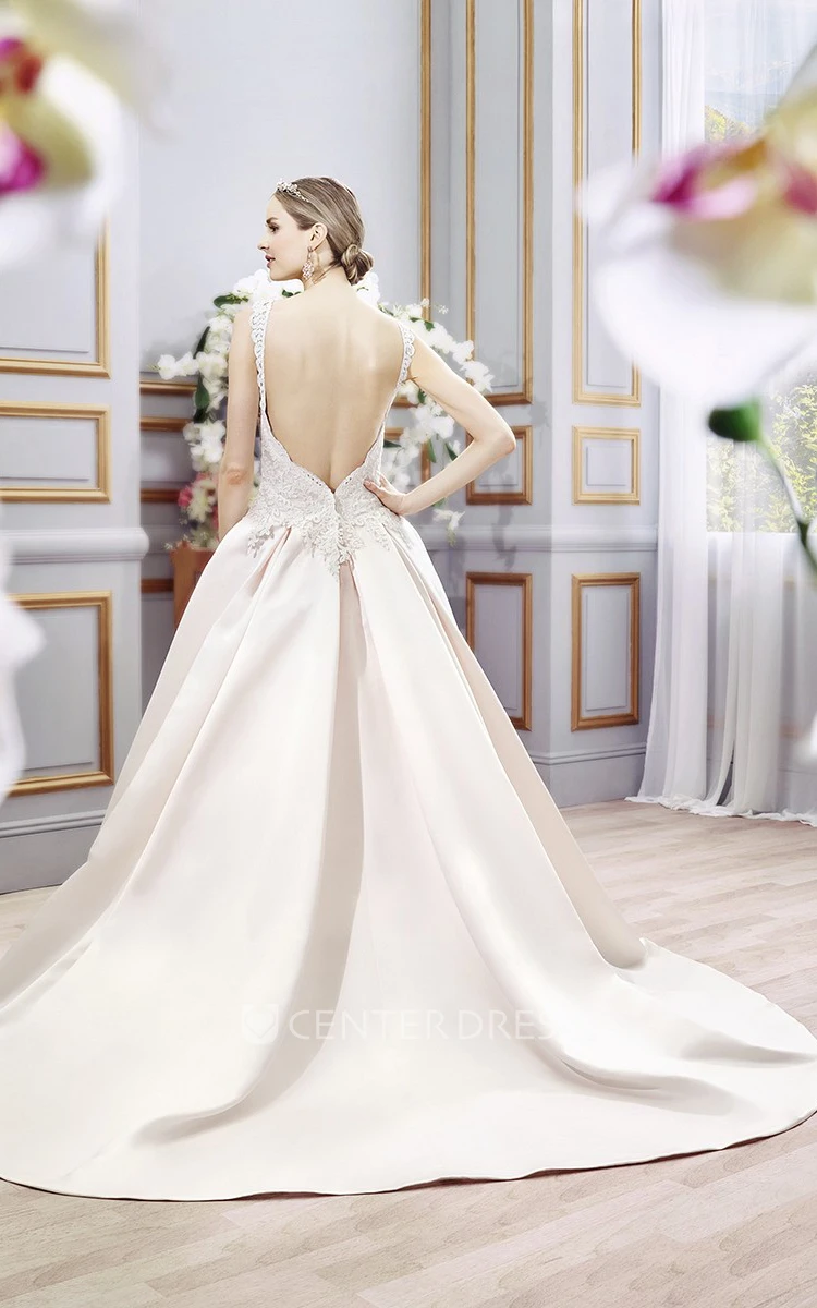 Ball-Gown Sleeveless Appliqued Floor-Length Satin&Lace Wedding Dress With Court Train And Backless Style
